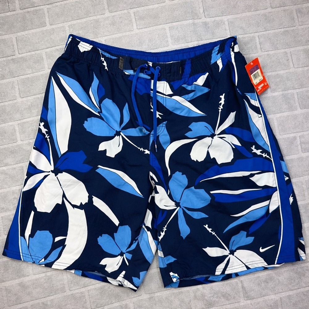 Vintage Y2K Nike Swim Trunks Mens XXL Blue Floral Hibiscus Board Shorts